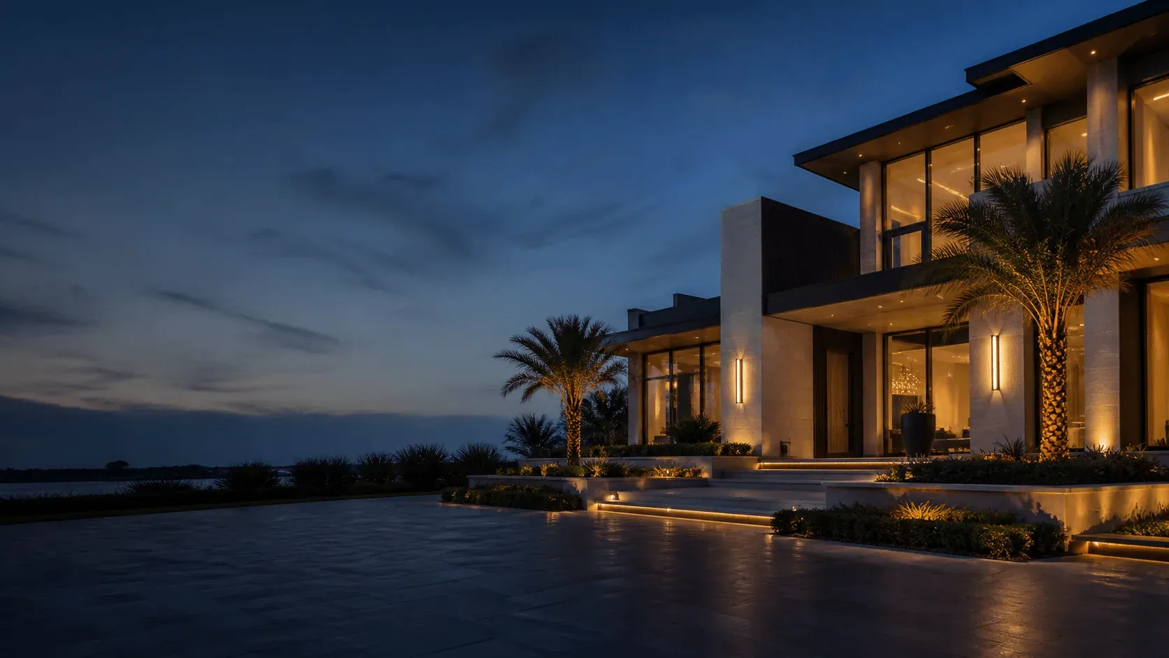 Completed custom home with architectural lighting